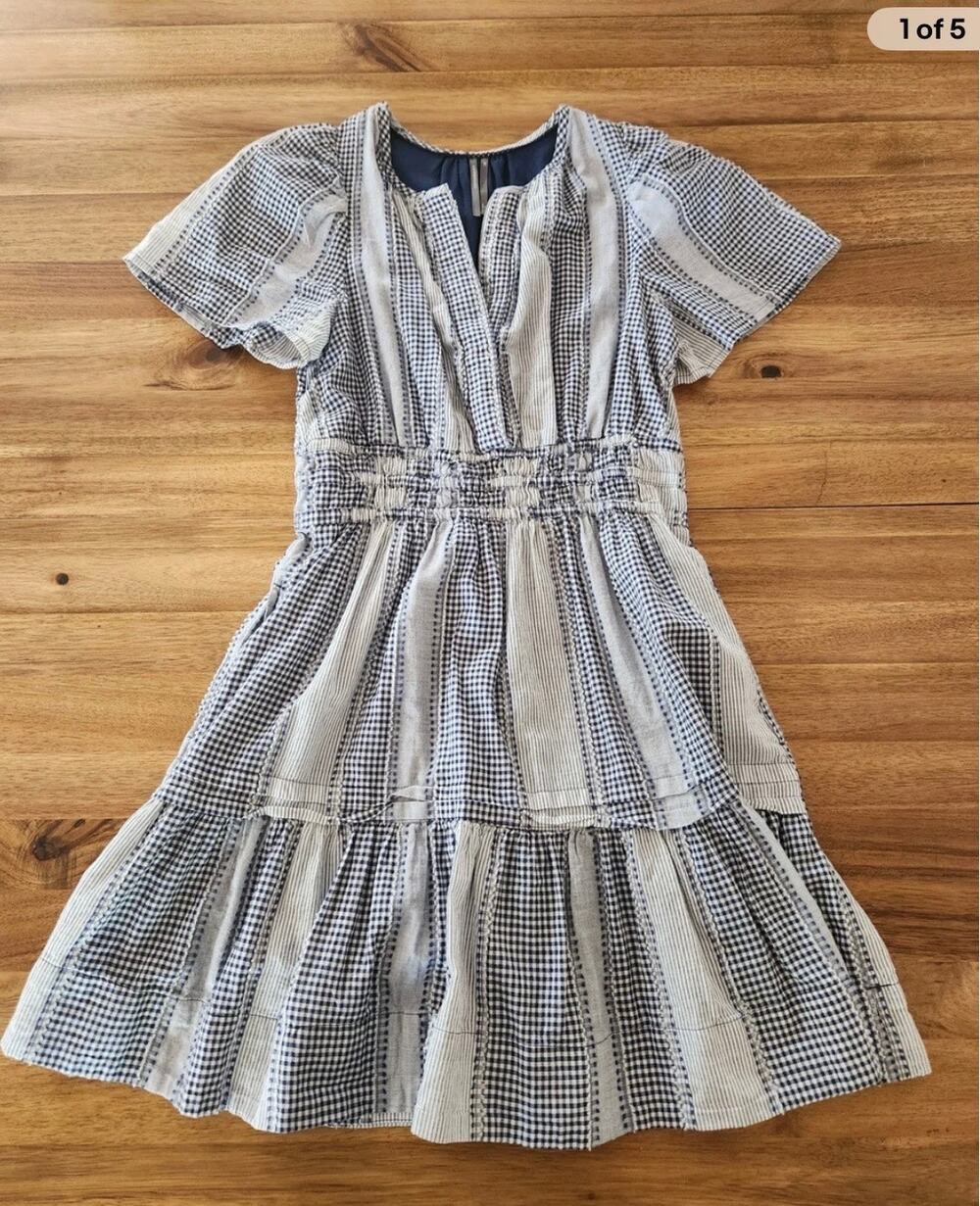 Anthropologie Somerset Blue Gingham Patchwork Fall Preppy Cottagecore Mini Dress